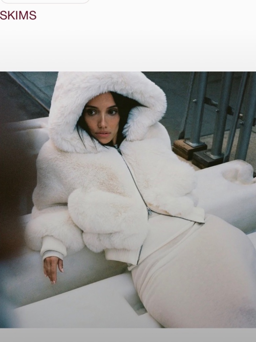 SKIMS Faux Fur Shrunken Zip Up Jacket Egret White Hooded